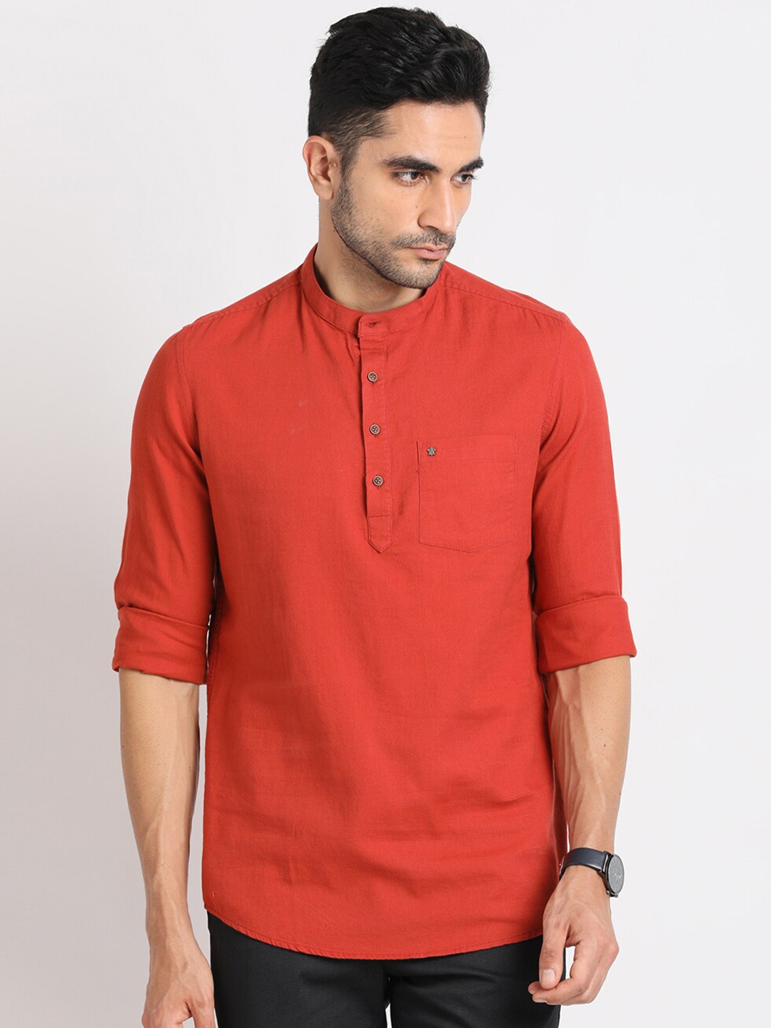

Turtle Summer Relaxed Slim Fit Mandarin Collar Casual Shirt, Red