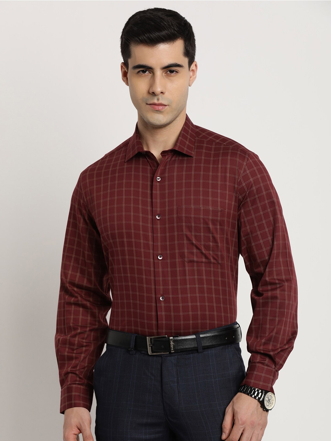 

Turtle Classic Grid Tattersall Checks Opaque Cotton Formal Shirt, Maroon
