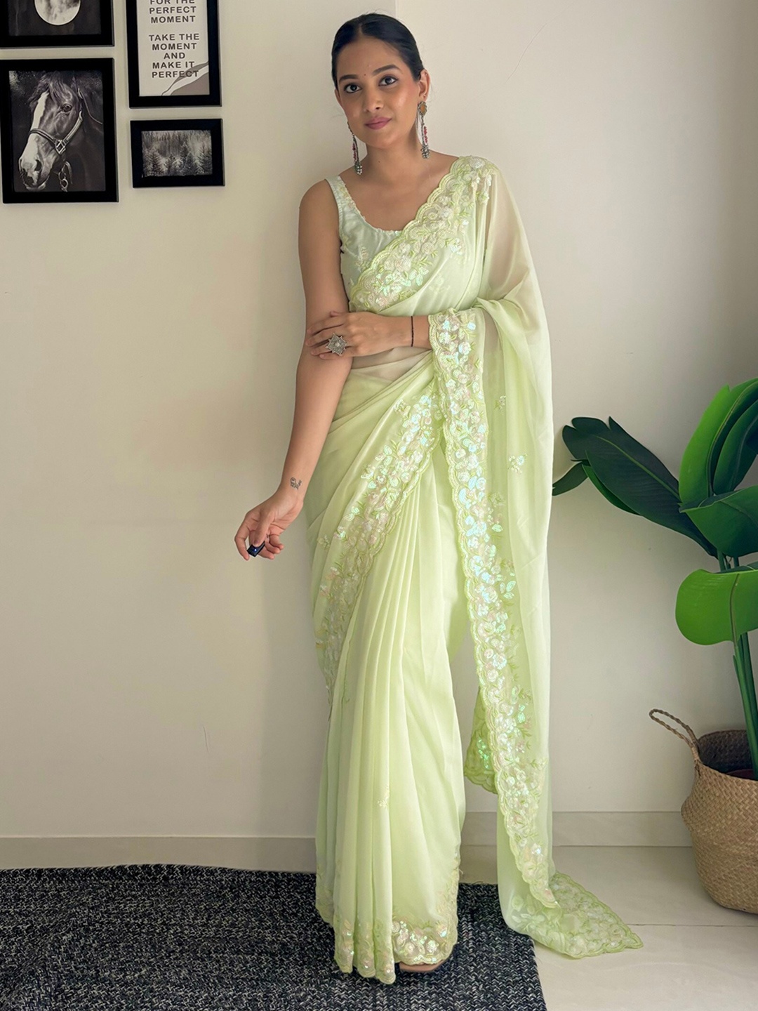 

Mitera Embellished Sequinned Saree, Green