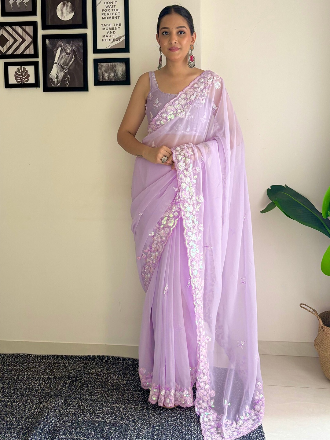 

Mitera Embellished Sequinned Poly Georgette Saree With Blouse Piece, Lavender