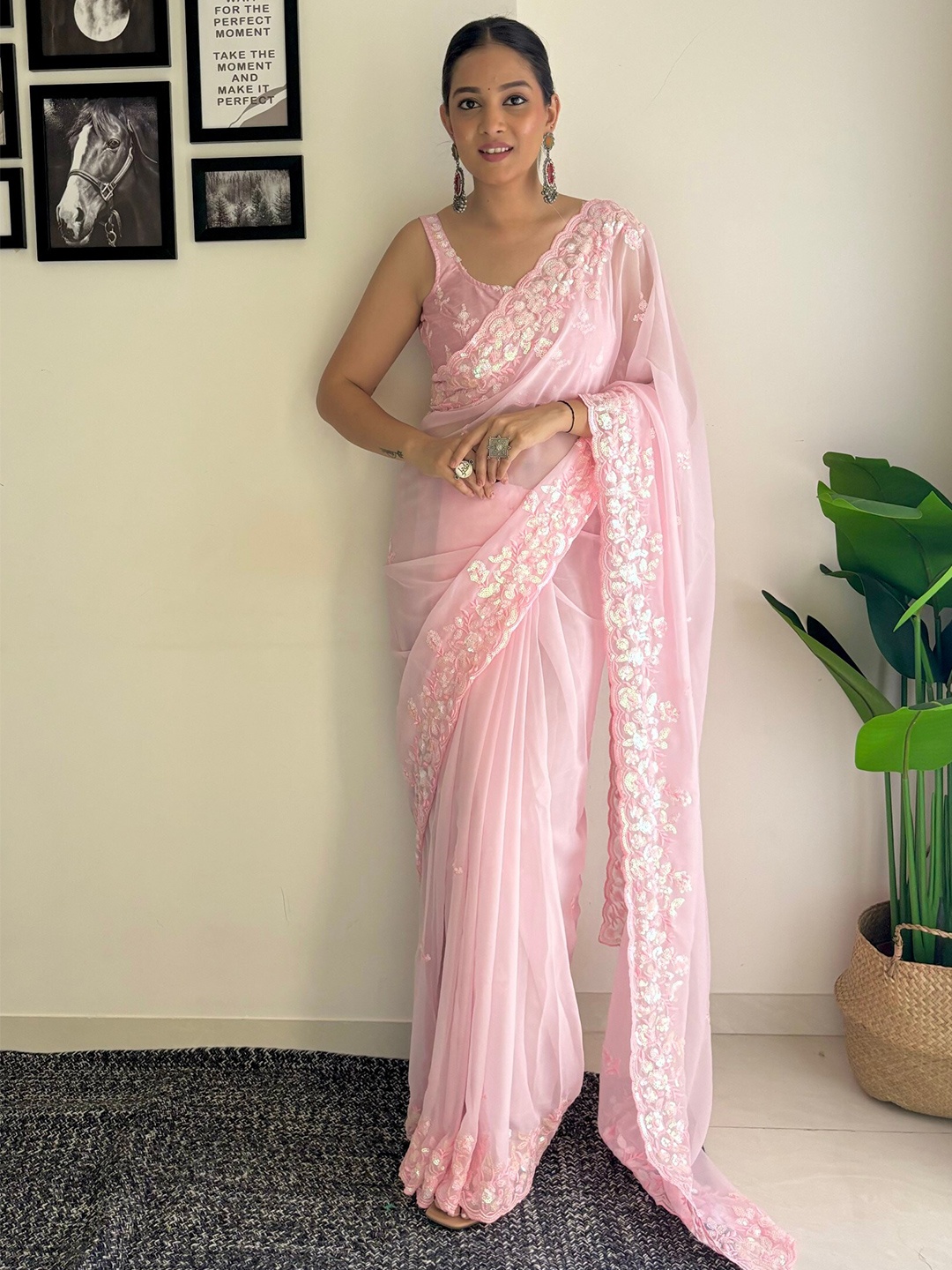 

Mitera Embellished Sequinned Poly Georgette Saree, Pink