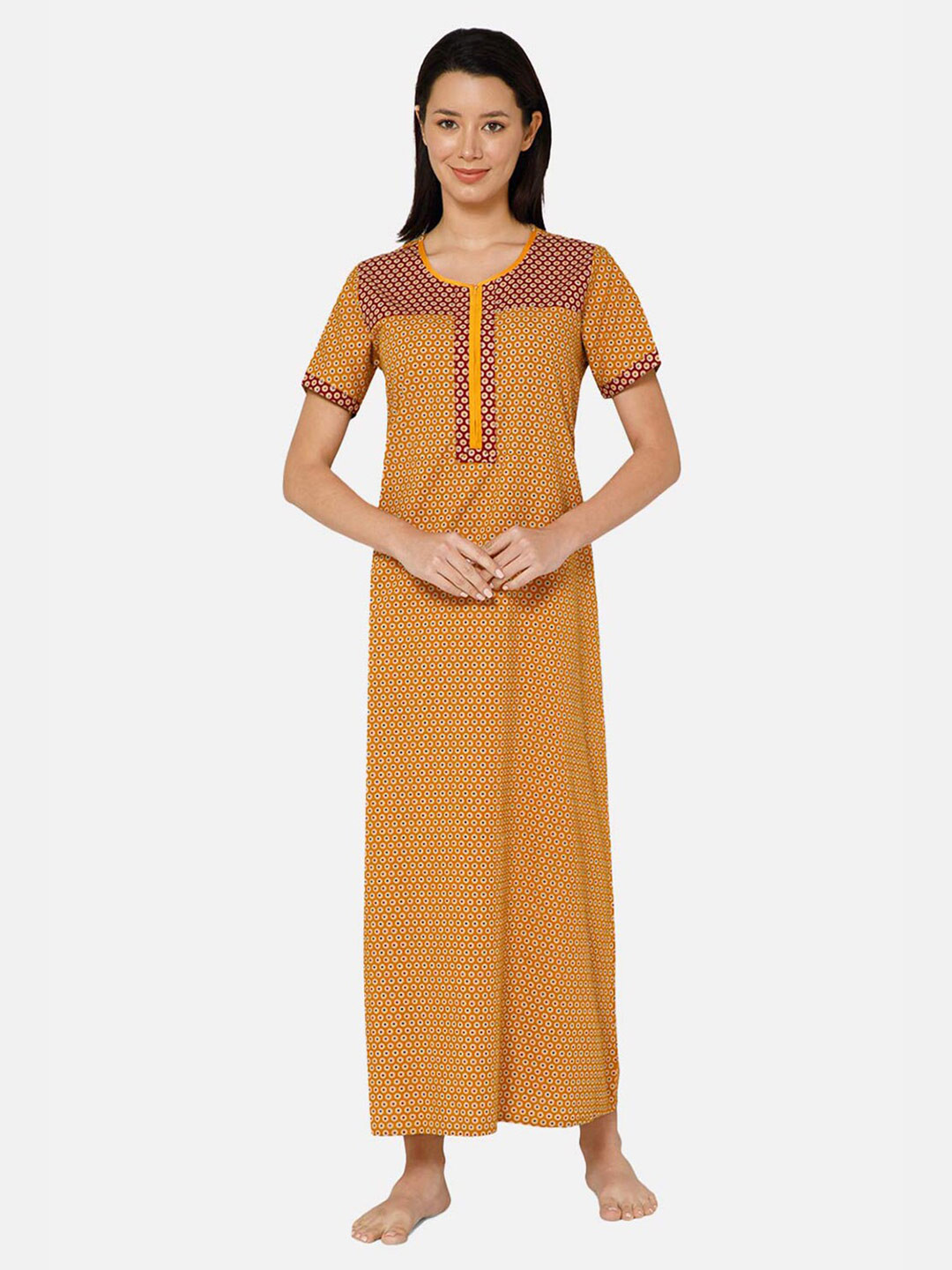 

NAIDU HALL Printed Pure Cotton Maxi Nightdress, Mustard