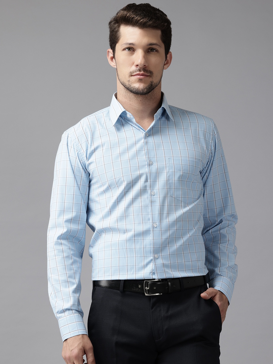 

English Navy Men Slim Fit Windowpane Checked Formal Shirt, Blue