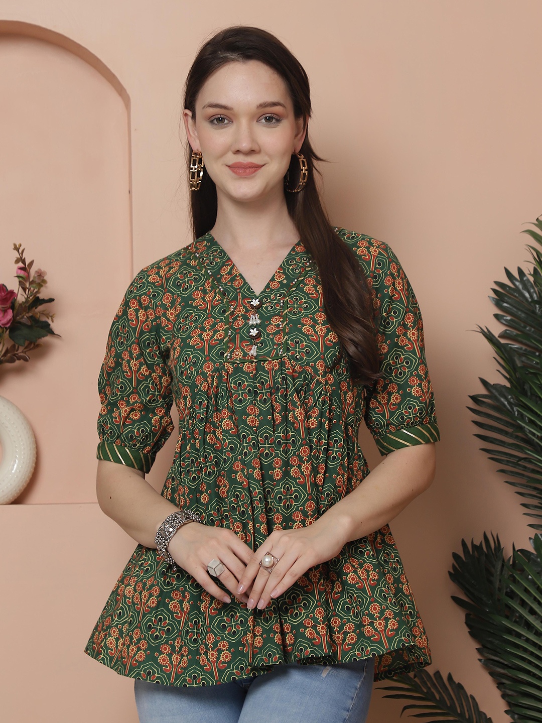 

Rajnandini Floral Print V-Neck Pure Cotton Empire Top, Green