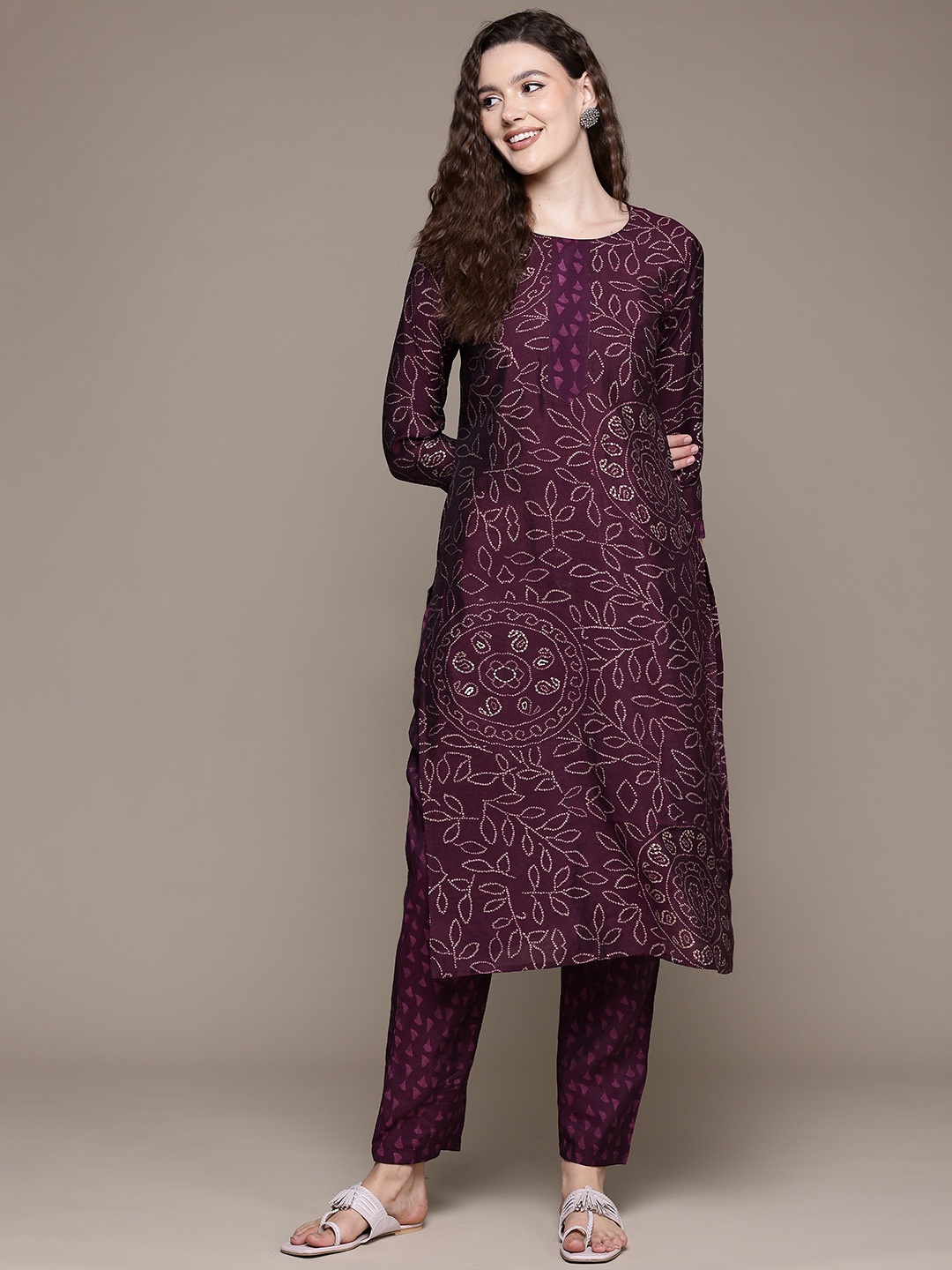 Readiprint Bandhani Printed Pure Silk Kurta With Trousers, Burgundy