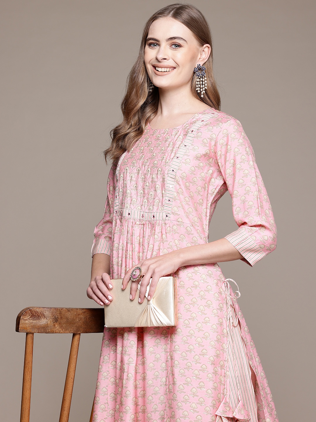 

Readiprint Floral Printed Pleated Mirror Work Pure Silk Kurta With Trousers, Pink