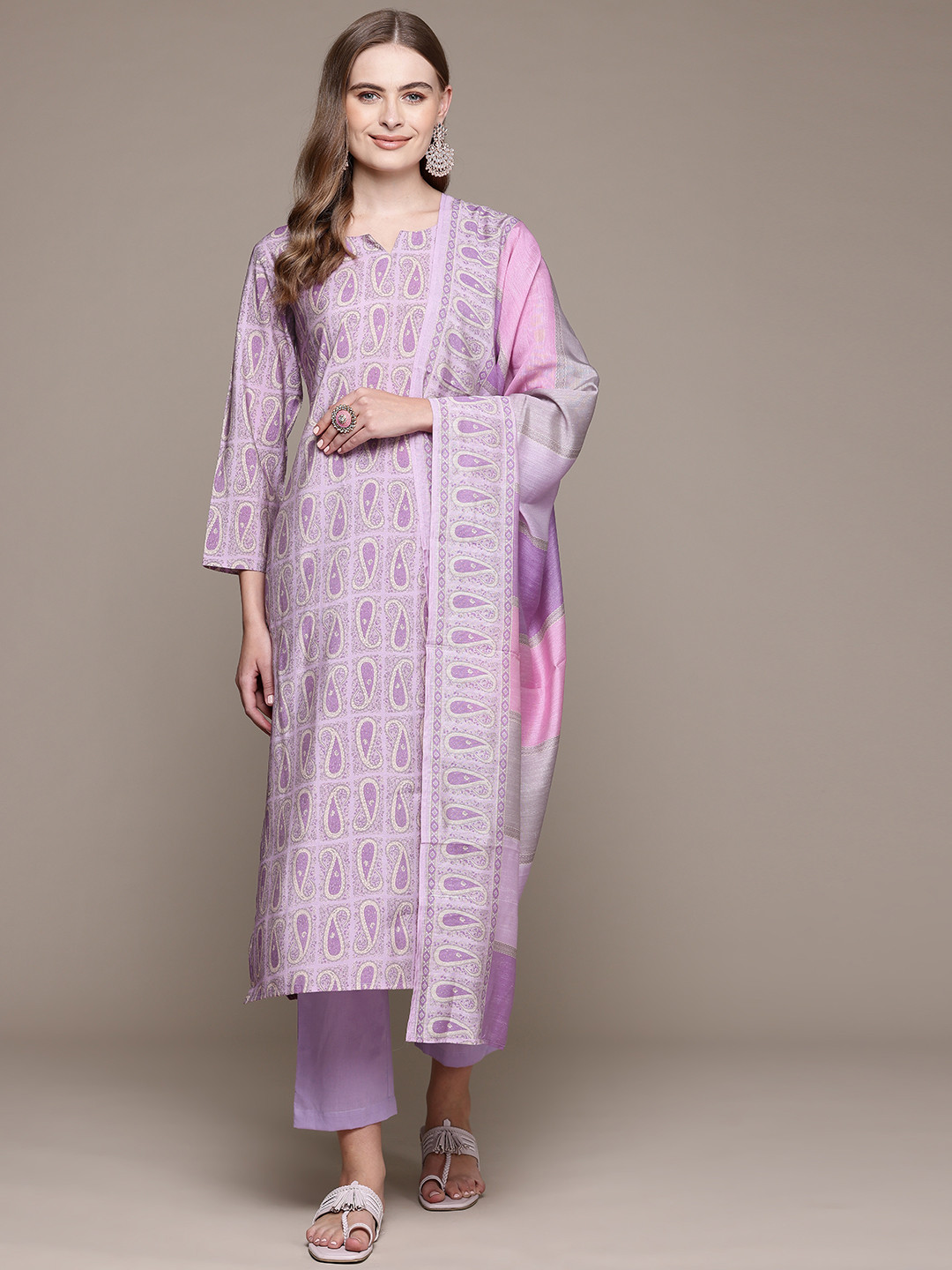 

Readiprint Paisley Printed Pure Silk Kurta With Trousers & Dupatta, Lavender