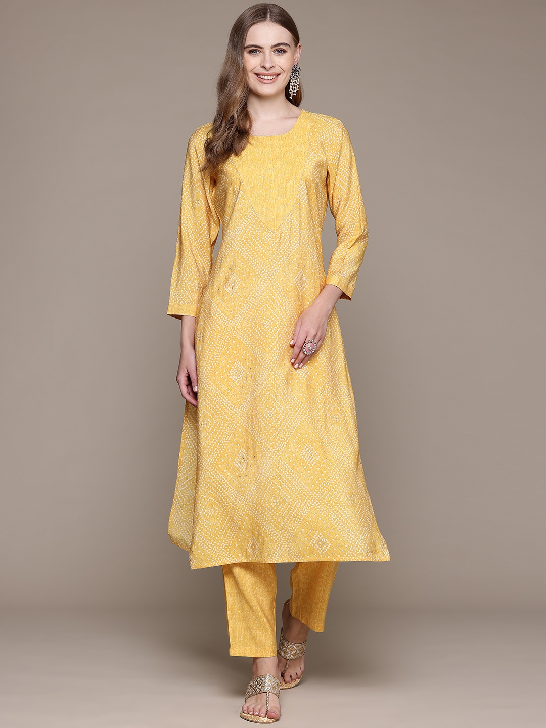 

Readiprint Bandhani Printed Pure Silk Kurta With Trousers, Yellow