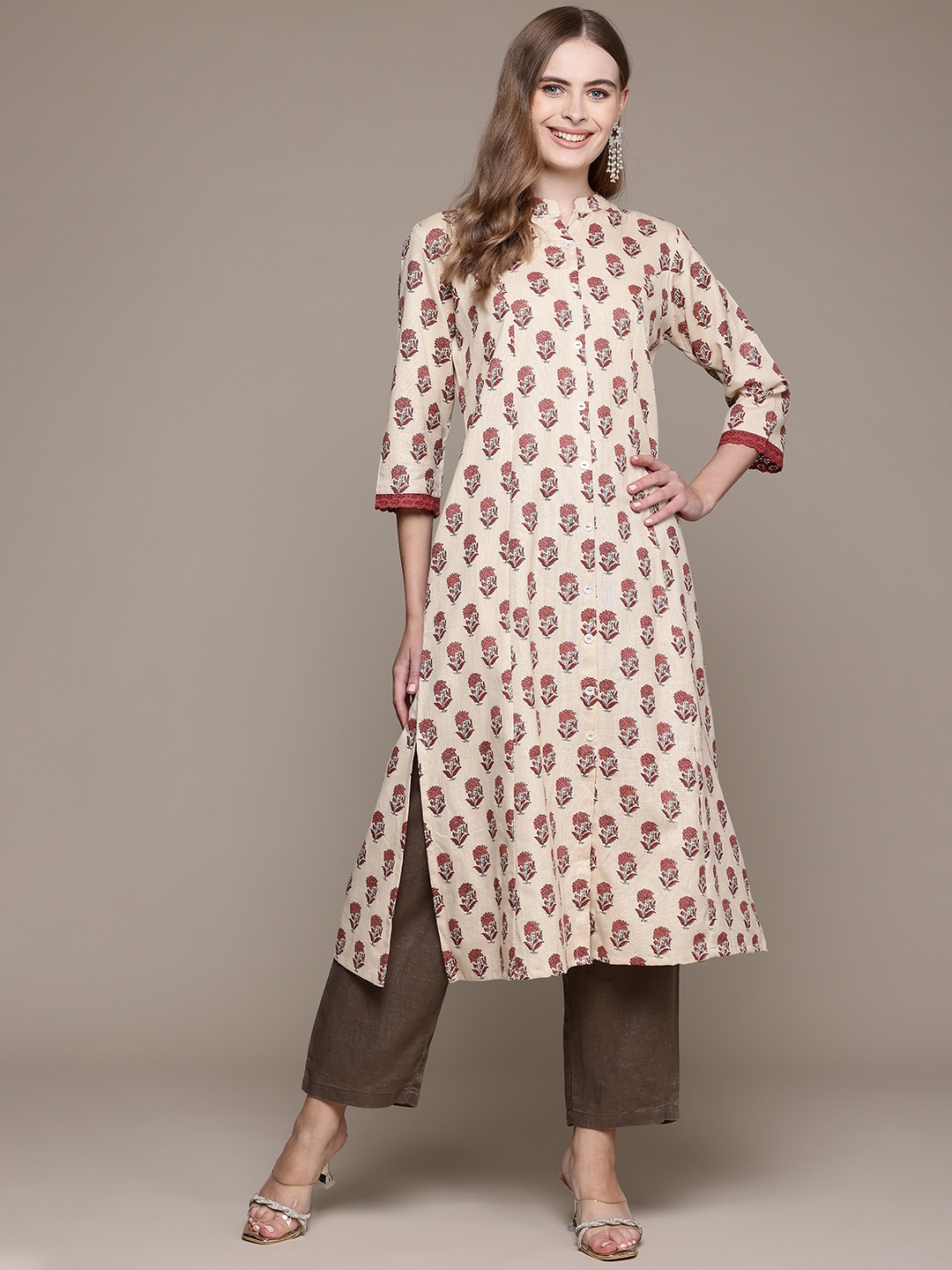 

Readiprint Floral Printed Mandarin Collar Pure Cotton Kurta, Beige