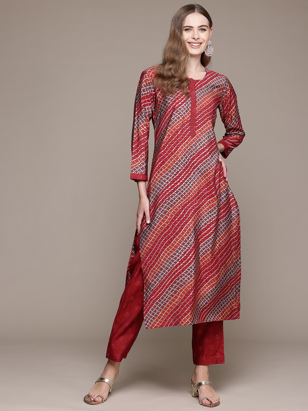 

Readiprint Leheriya Printed Pure Silk Kurta With Trousers, Red