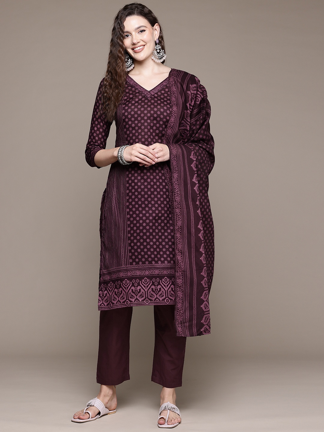 Readiprint Floral Printed Pure Cotton Kurta With Trousers & Dupatta, Burgundy
