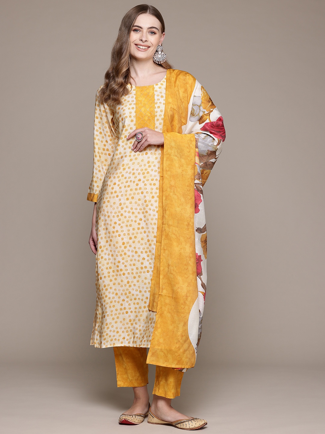 

Readiprint Printed Pure Silk Kurta With Trousers & Dupatta, Mustard