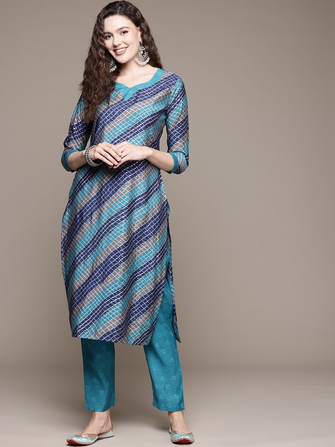 

Readiprint Leheriya Printed Pure Silk Kurta With Trousers, Turquoise blue