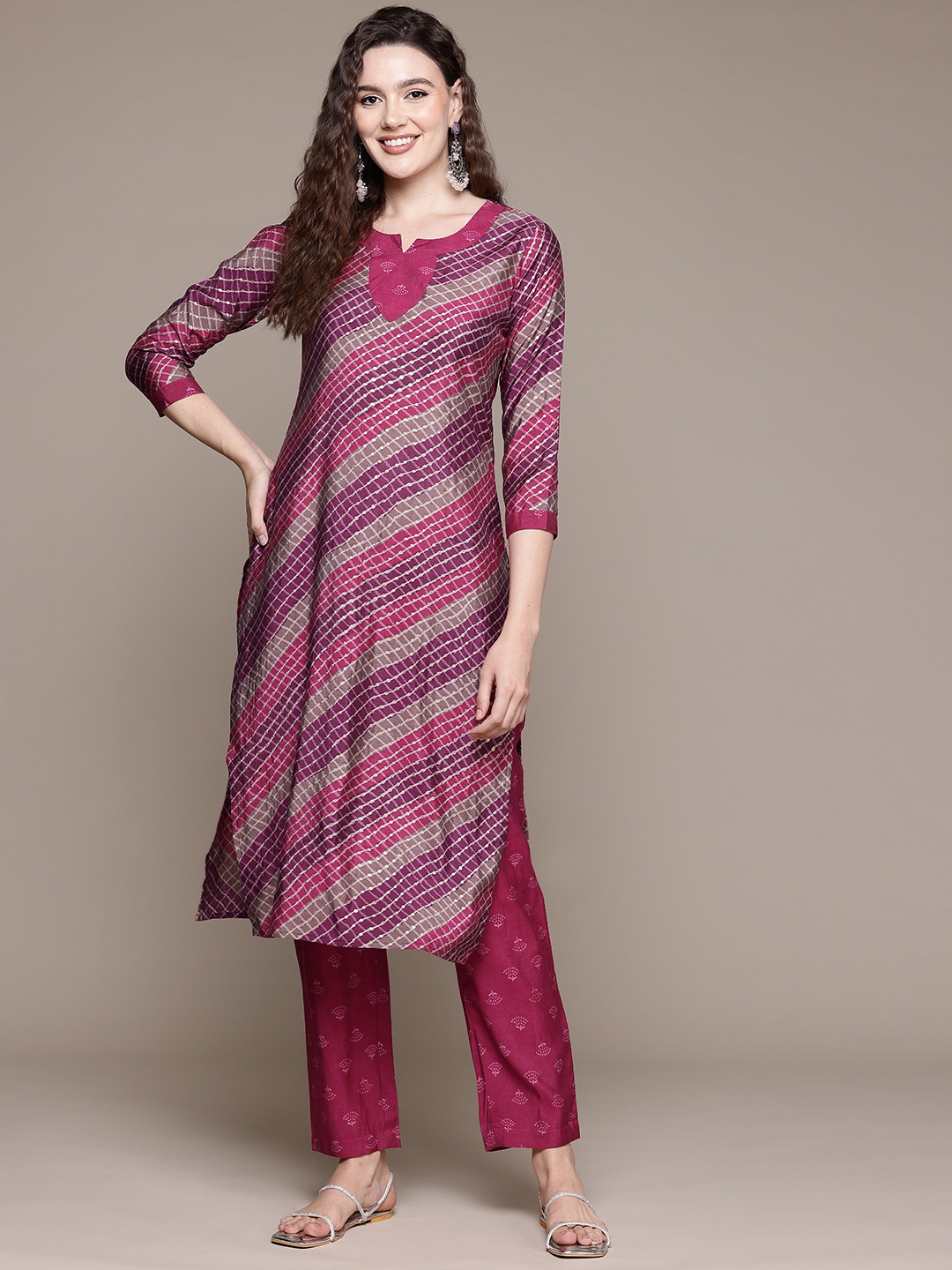

Readiprint Leheriya Printed Pure Silk Kurta With Trousers, Pink