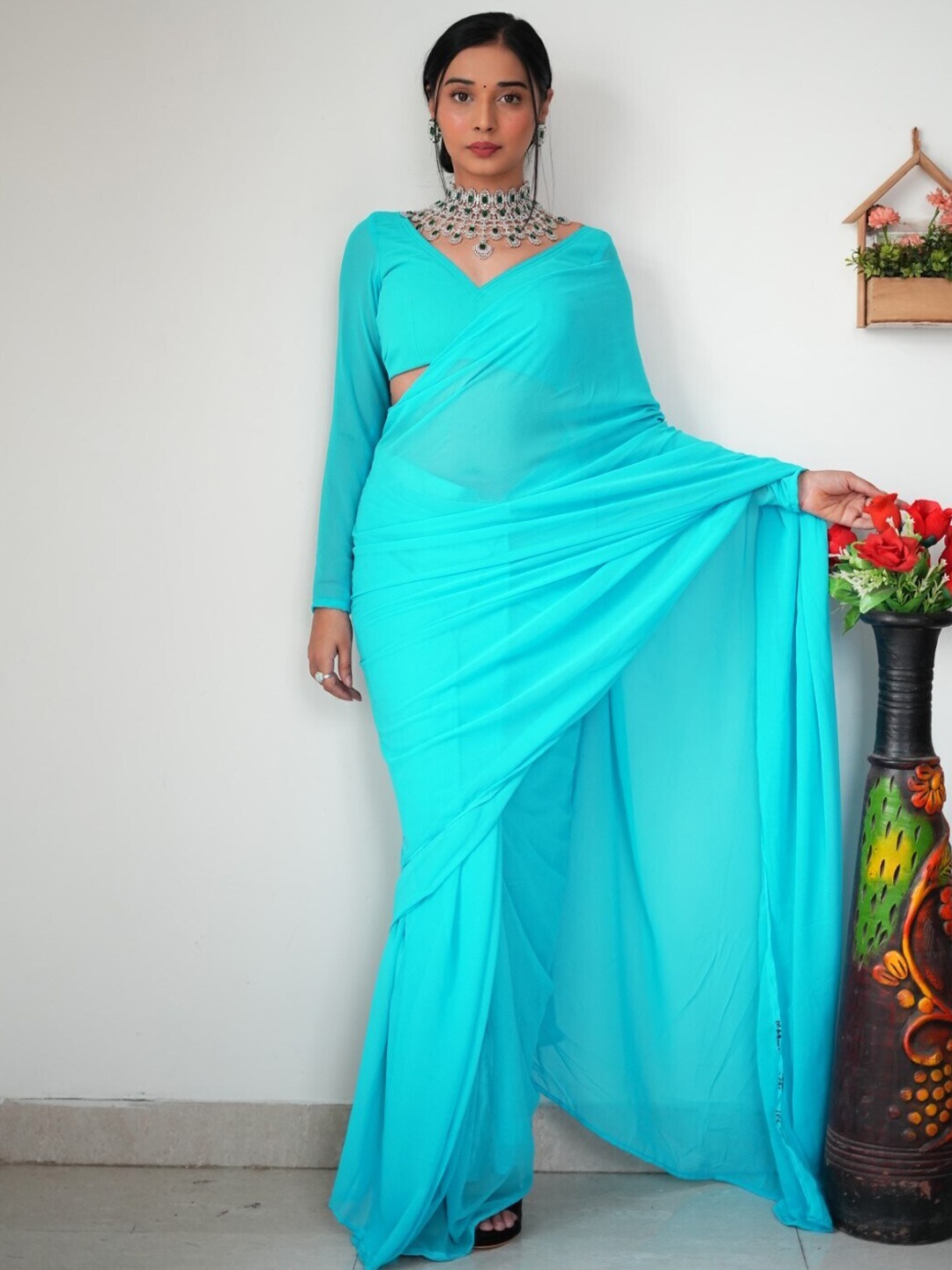 

AWRIYA Poly Georgette Saree, Turquoise blue