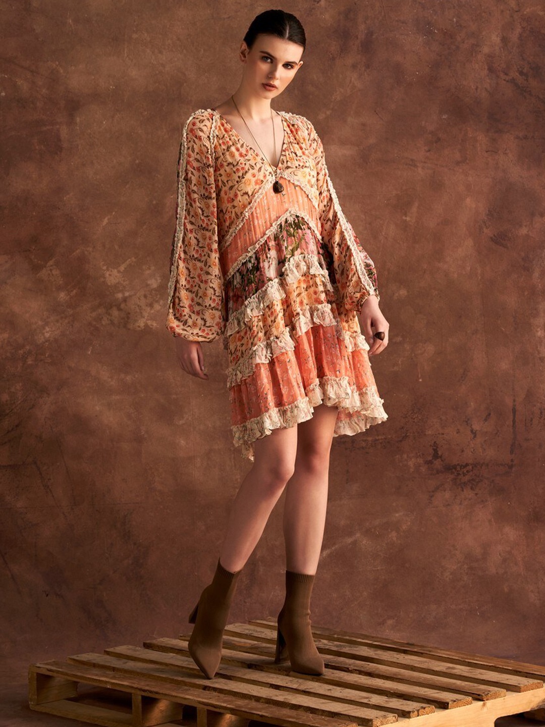 

VERB BY PALLAVI SINGHEE Printed Georgette Ruffles A-Line Dress, Brown