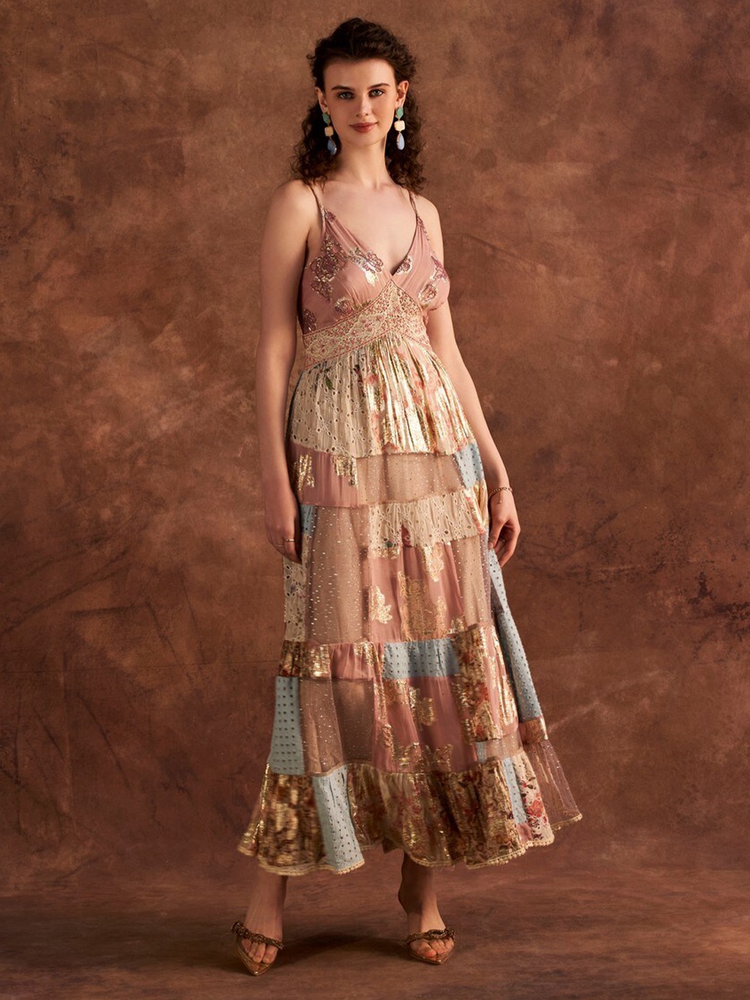 

VERB BY PALLAVI SINGHEE Floral Print Georgette Fit and Flare Maxi Dress, Cream
