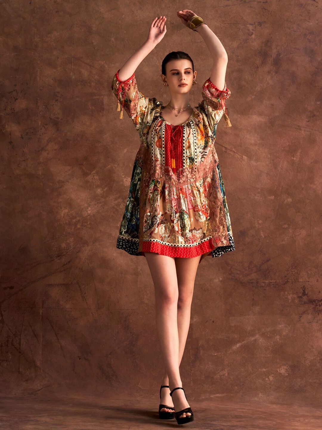 VERB BY PALLAVI SINGHEE Floral Print Georgette A-Line Dress, Red