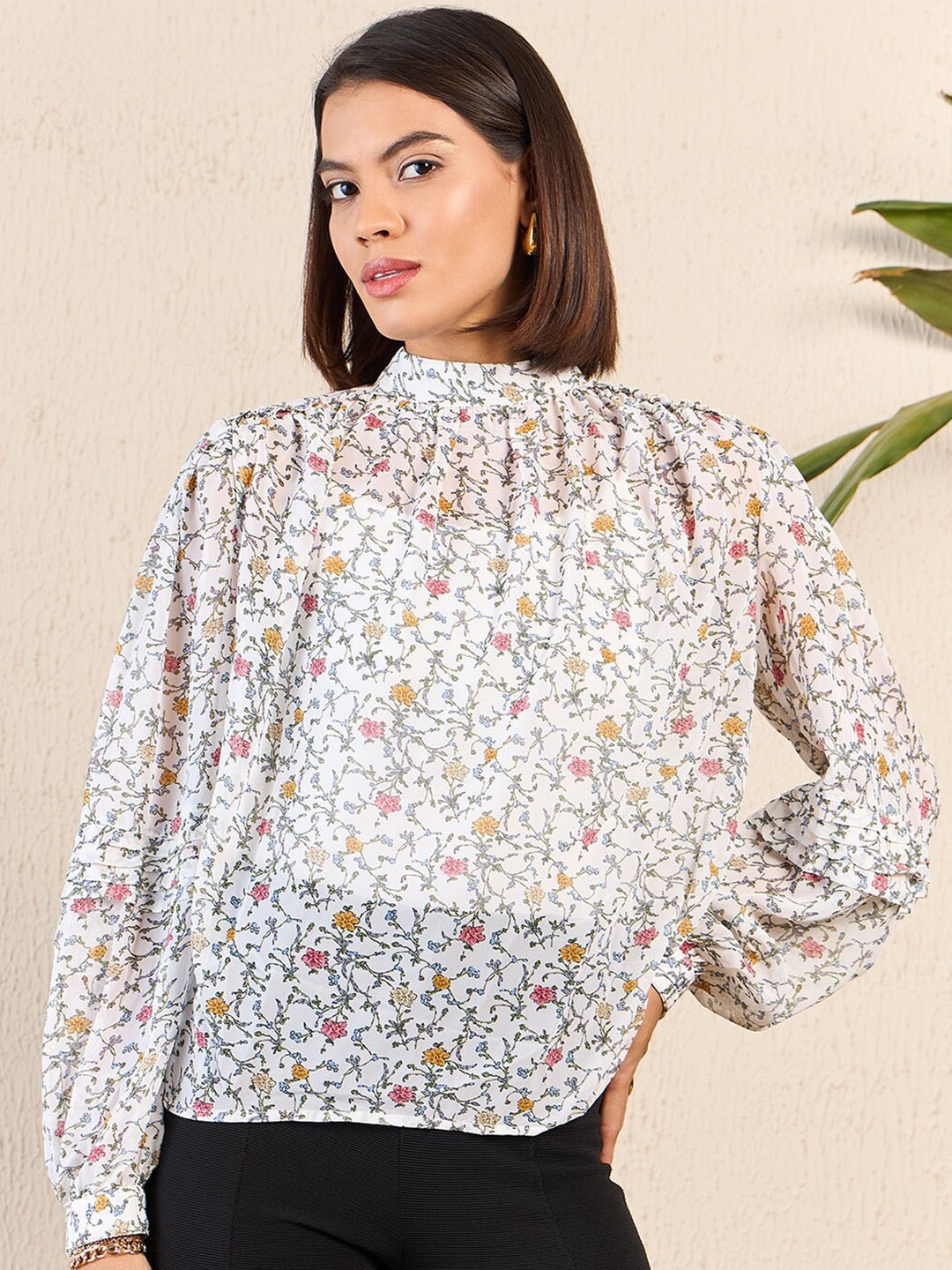 

Kibo Floral Print High Neck Cuffed Sleeve Blouse Top, White