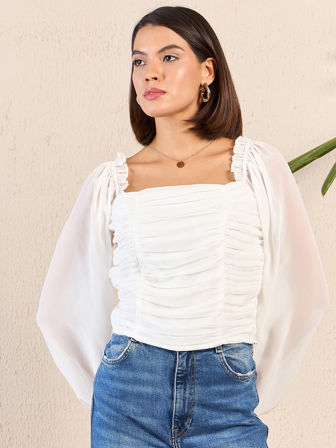 

Kibo Square Neck Puff Sleeve Crepe Regular Top, White