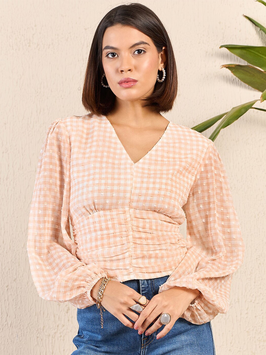 

Kibo Checked Chiffon Cinched Waist Top, Beige