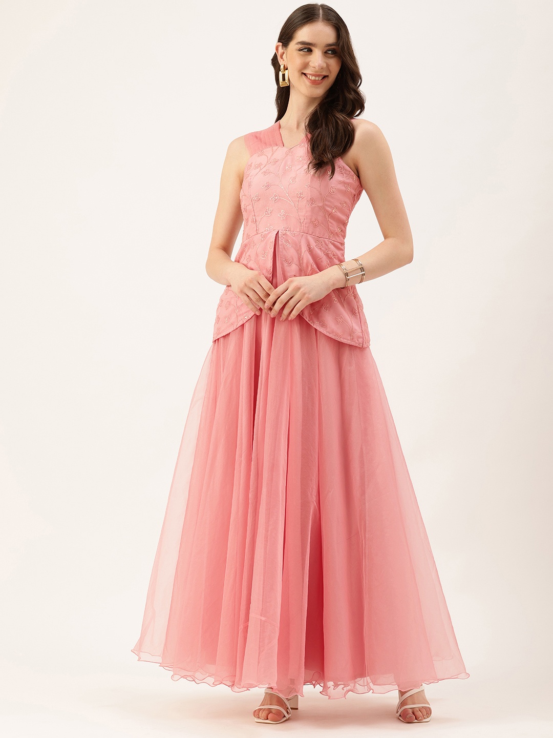 

Ethnovog Floral Embellished Layered Crepe Maxi Dress, Pink