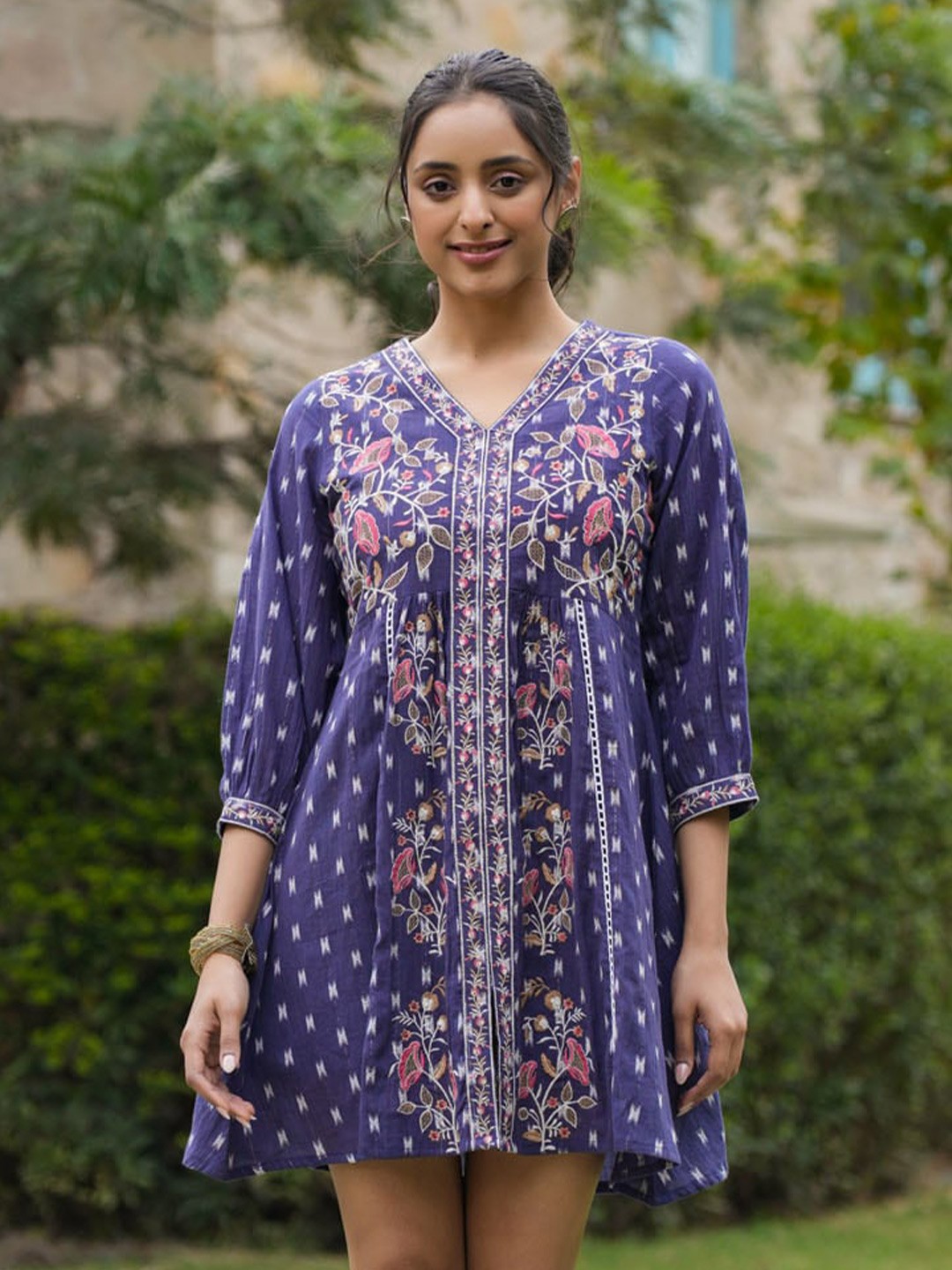 

FASHION DWAR Floral Printed Cotton A-Line Dress, Blue