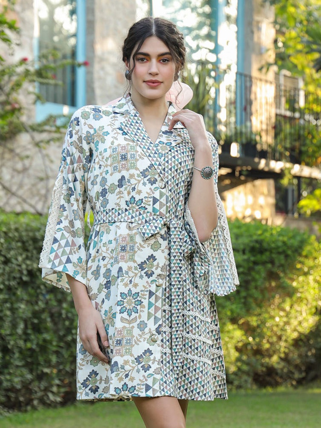 

FASHION DWAR Floral Printed Shirt Collar Cotton Short Dress, Green