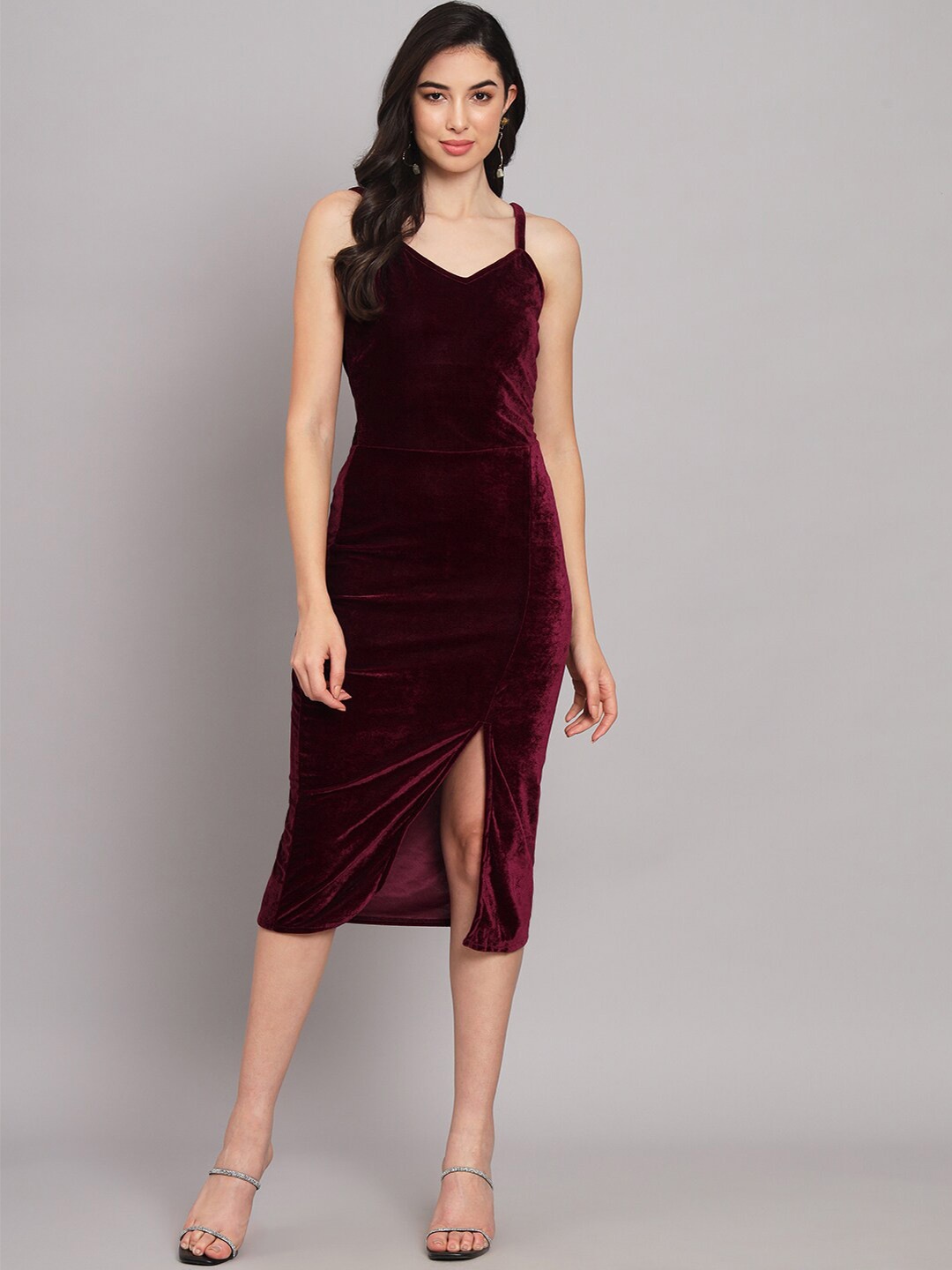 

VAARARO Velvet Sheath Midi Dress, Burgundy