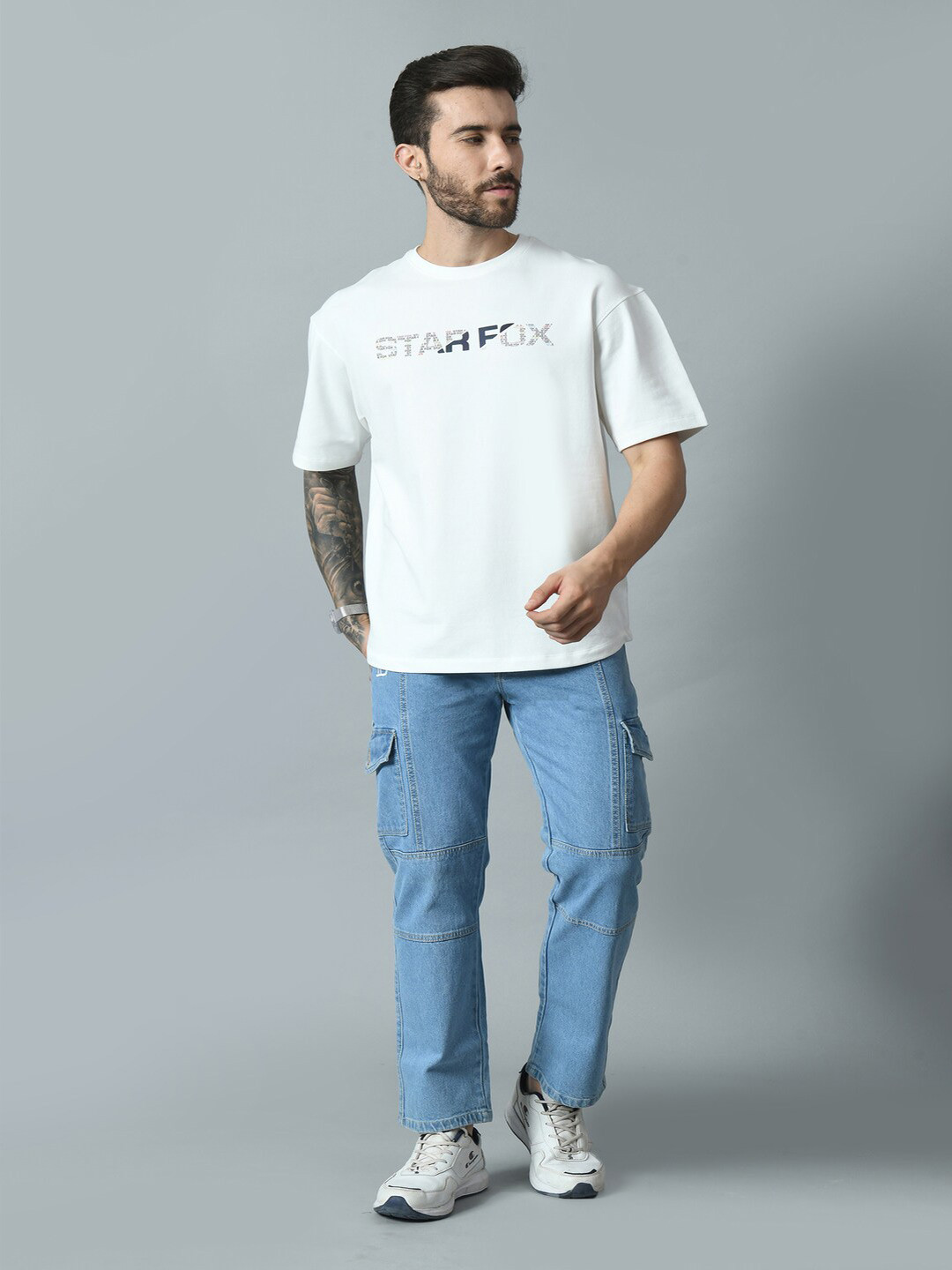 

STARFOX Typography Printed Drop-Shoulder Sleeves Cotton Loose Fit T-shirt, White