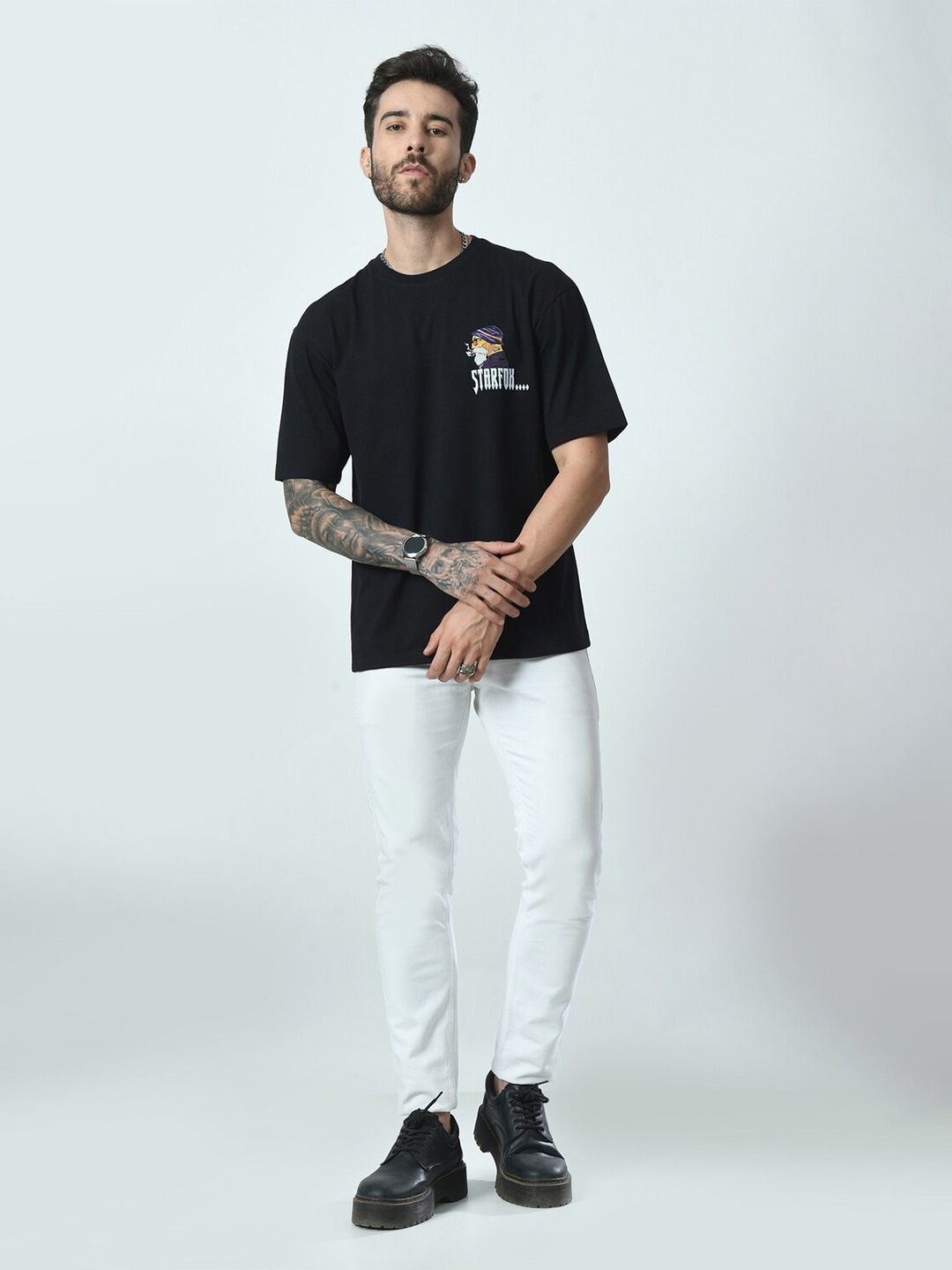 

STARFOX Graphic Printed Drop-Shoulder Sleeves Cotton Casual T-shirt, Black