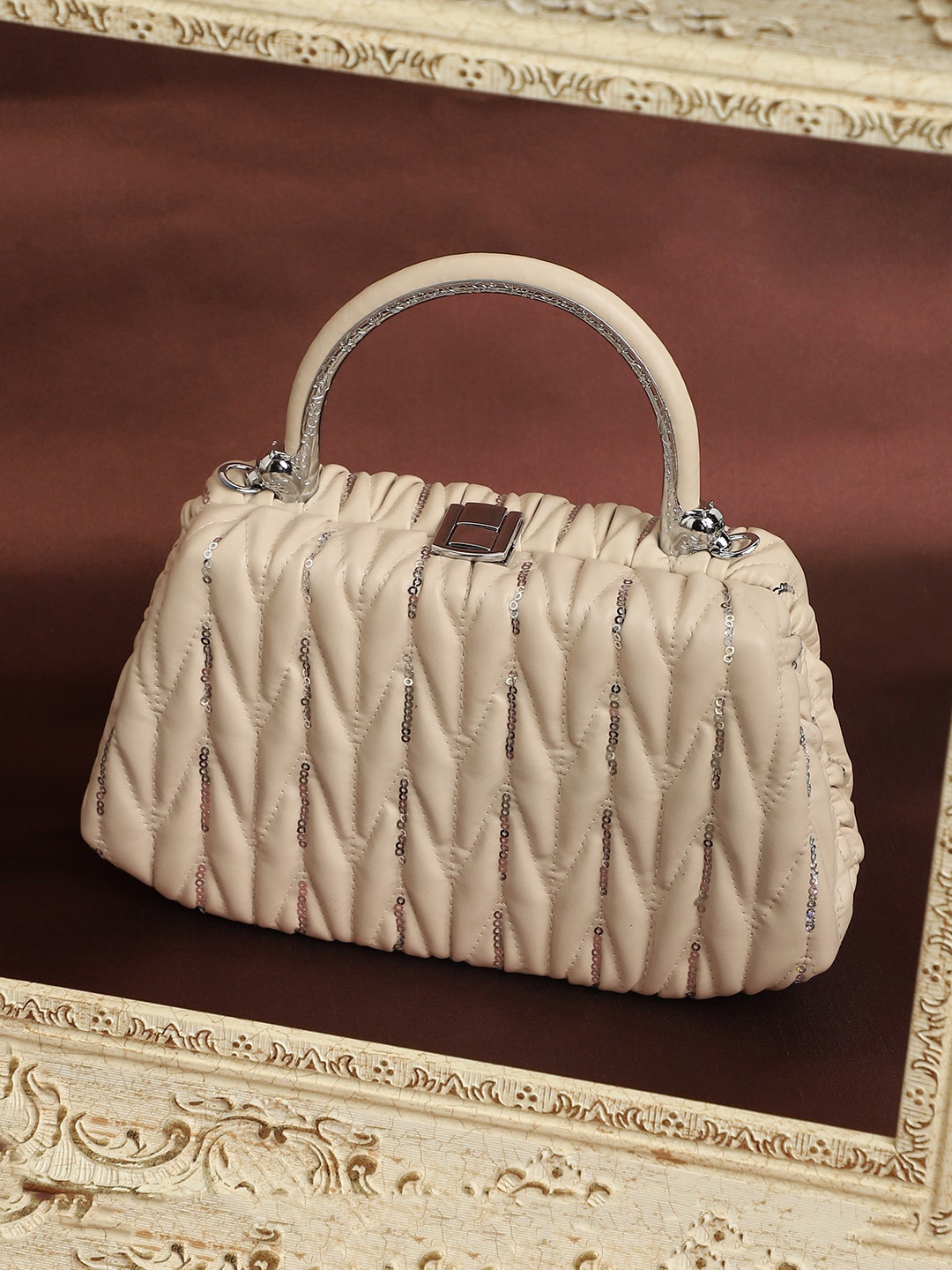 

HAUTE SAUCE by Campus Sutra Textured Sequinned Leather Handheld Bag, Beige
