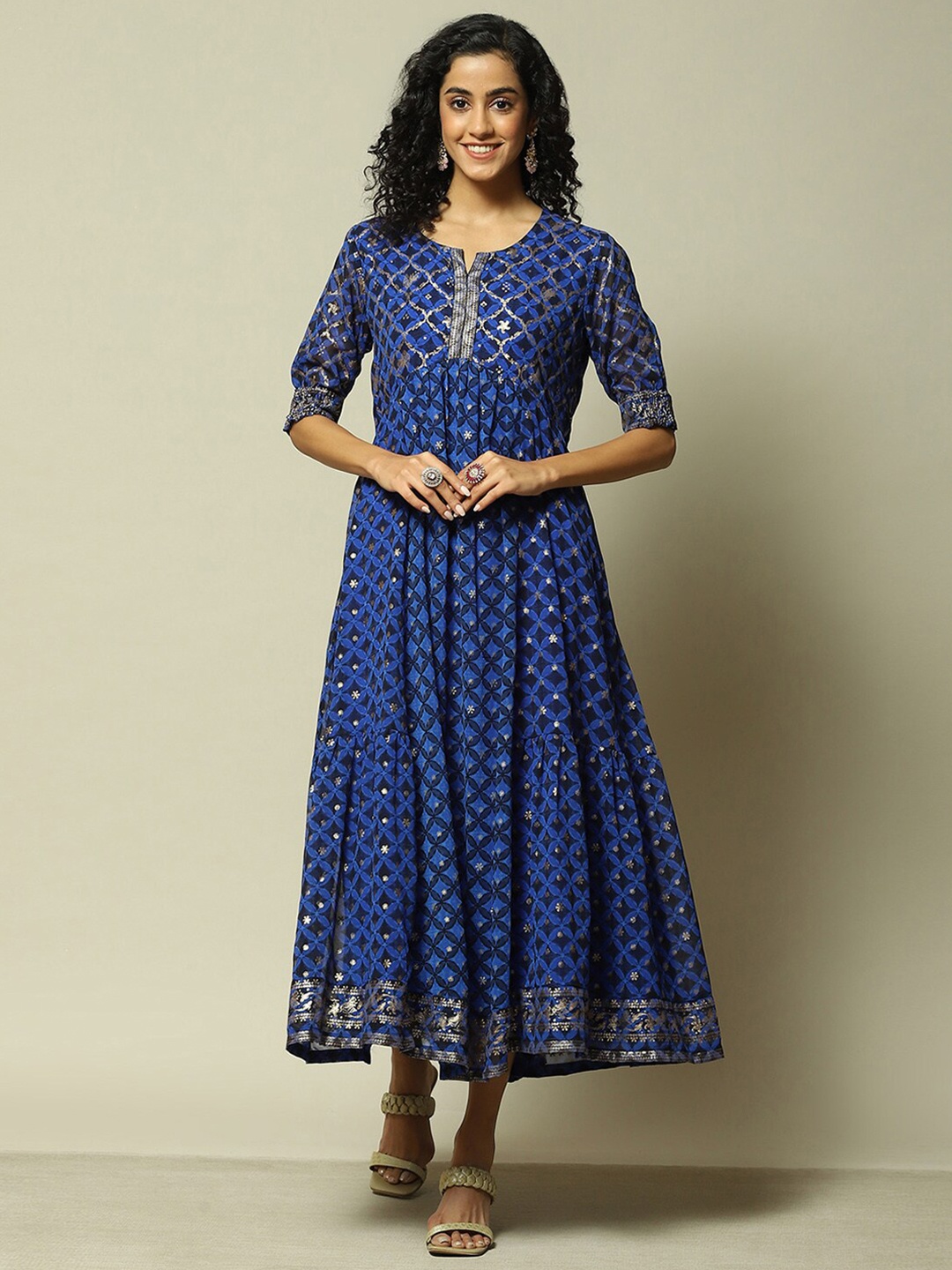 Rangriti Ethnic Motifs Printed Round Neck Georgette Fit & Flare Midi Dress, Blue