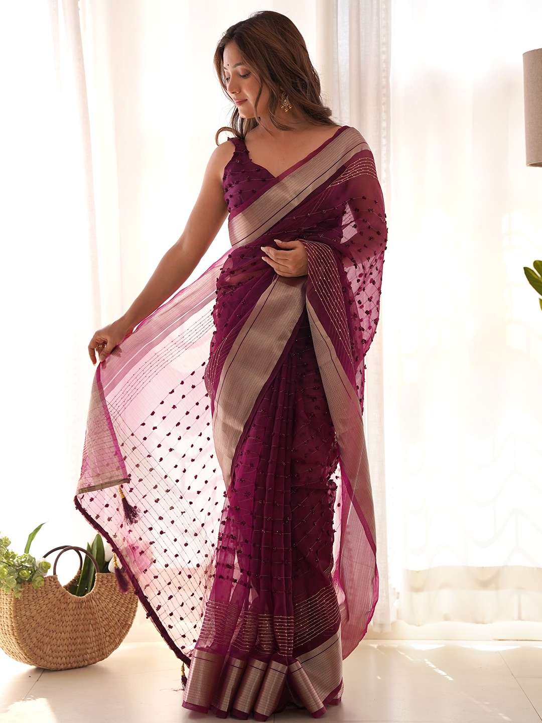 

CANIZZARO Embellished Sequinned Organza Saree, Magenta