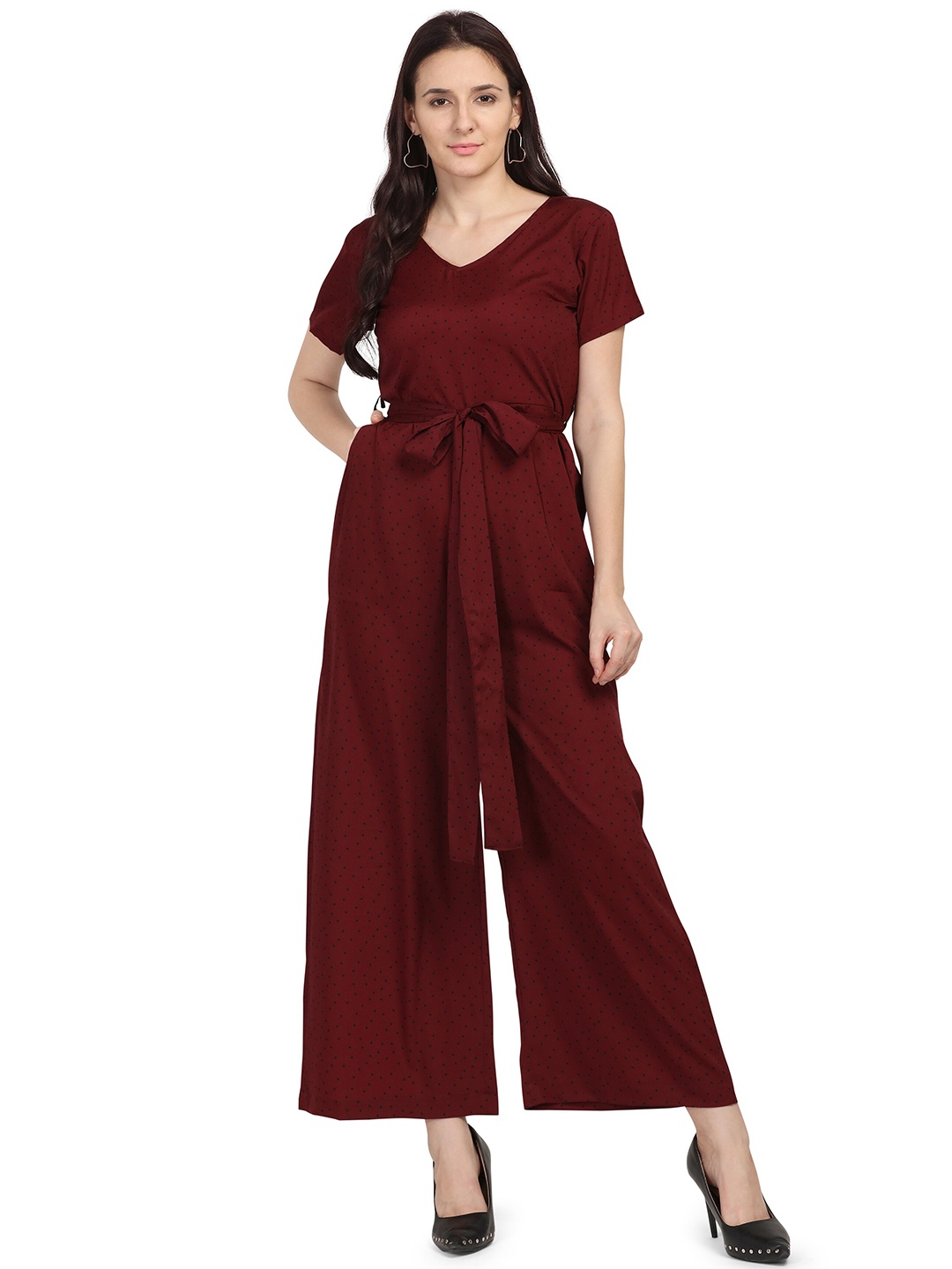 

Fashfun Polka Dots Printed Waist Tie-Ups Basic Jumpsuit, Maroon