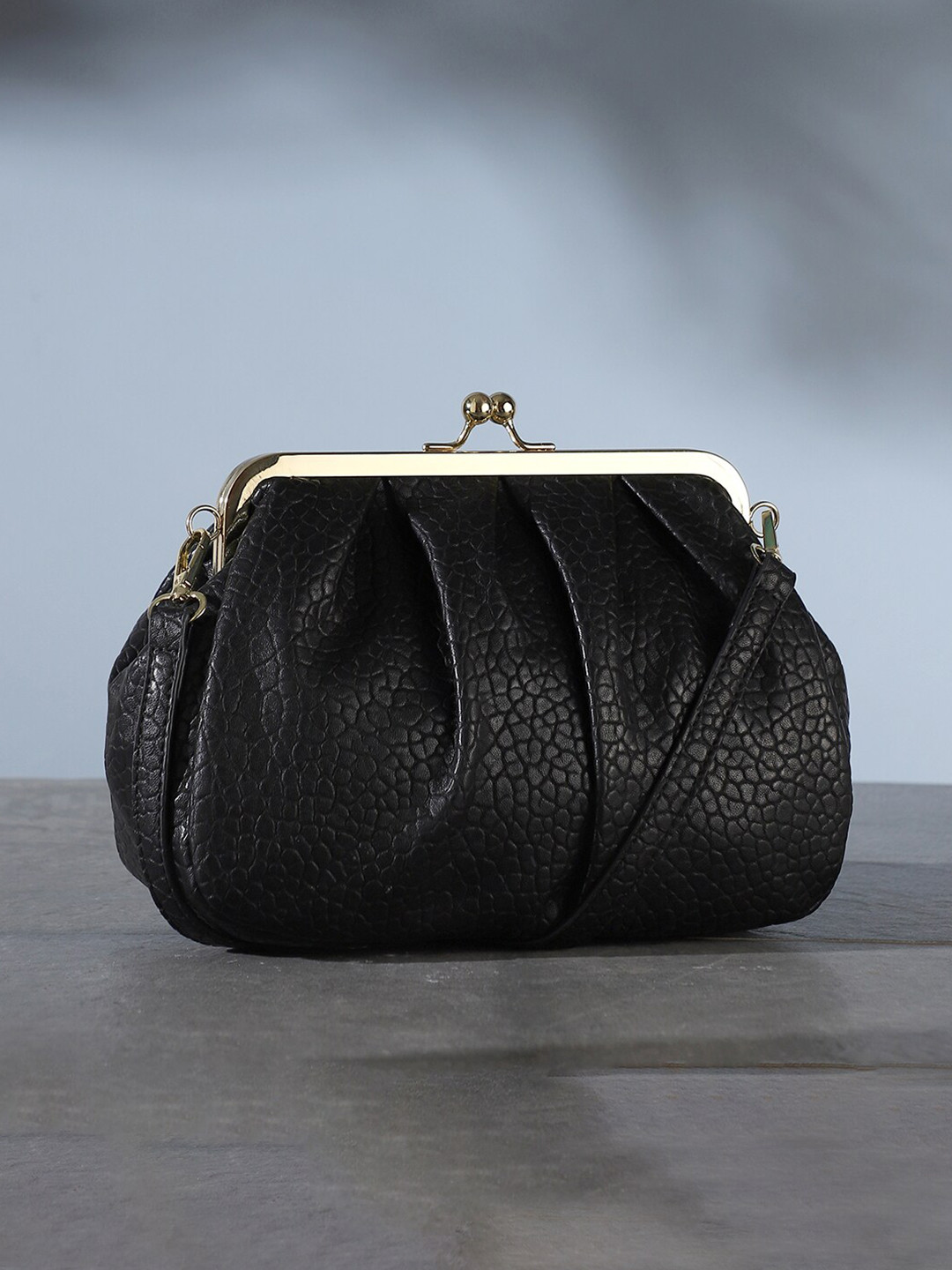 

HAUTE SAUCE by Campus Sutra Leather Ruched Purse Clutch, Black