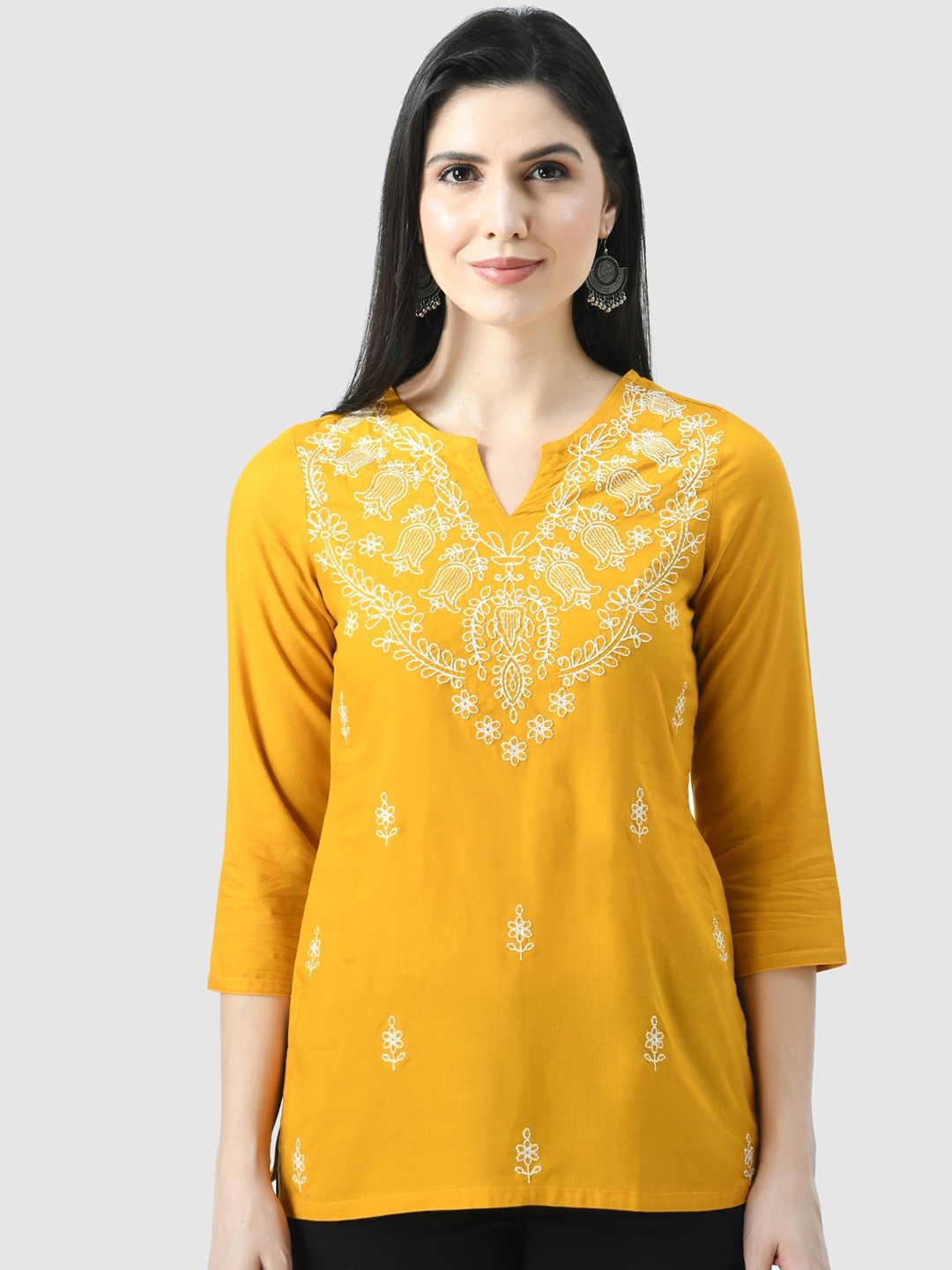 

QAZMI Floral Yoke Design Thread Work Kurti, Mustard