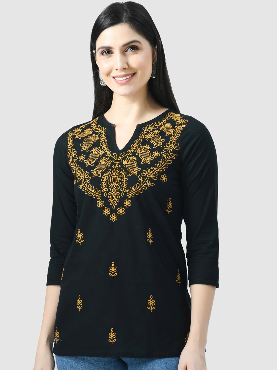 

QAZMI Floral Embroidered Thread Work Kurti, Black