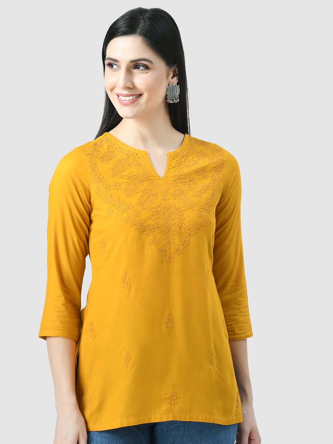

QAZMI Floral Woven Design Thread Work Straight Kurti, Mustard