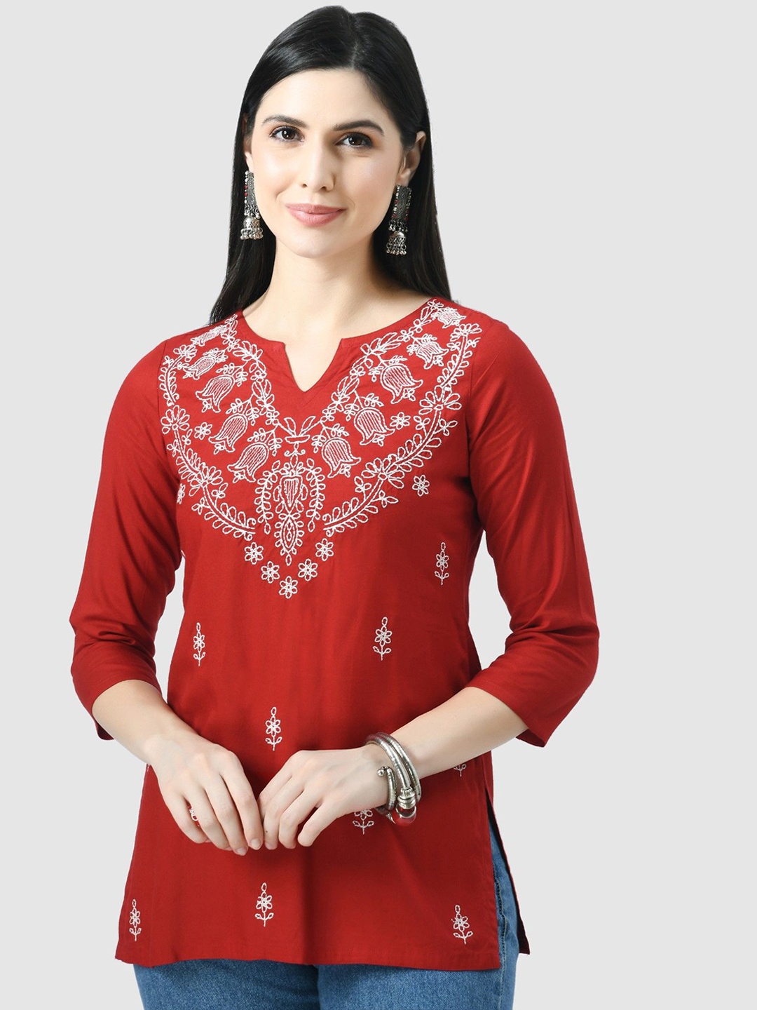 QAZMI Floral Embroidered Chikankari Work Kurti, Red