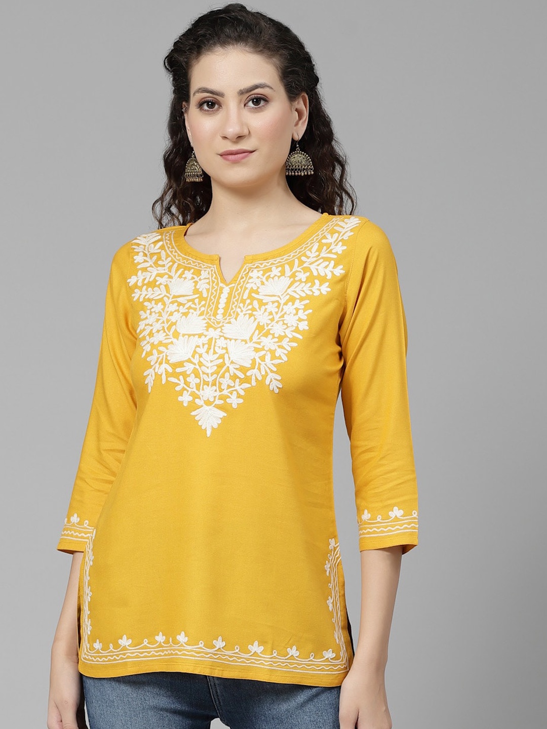 

QAZMI Floral Yoke Design Kashmiri Aari Work Straight Kurti, Mustard