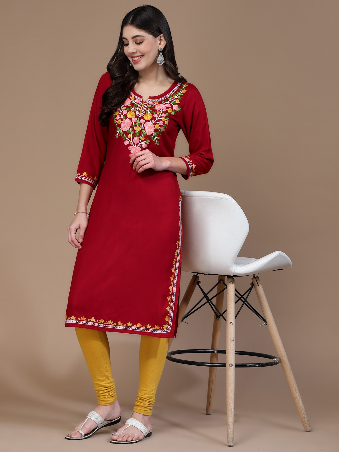 

QAZMI Kashmiri Aari Embroidered Straight Kurta, Red