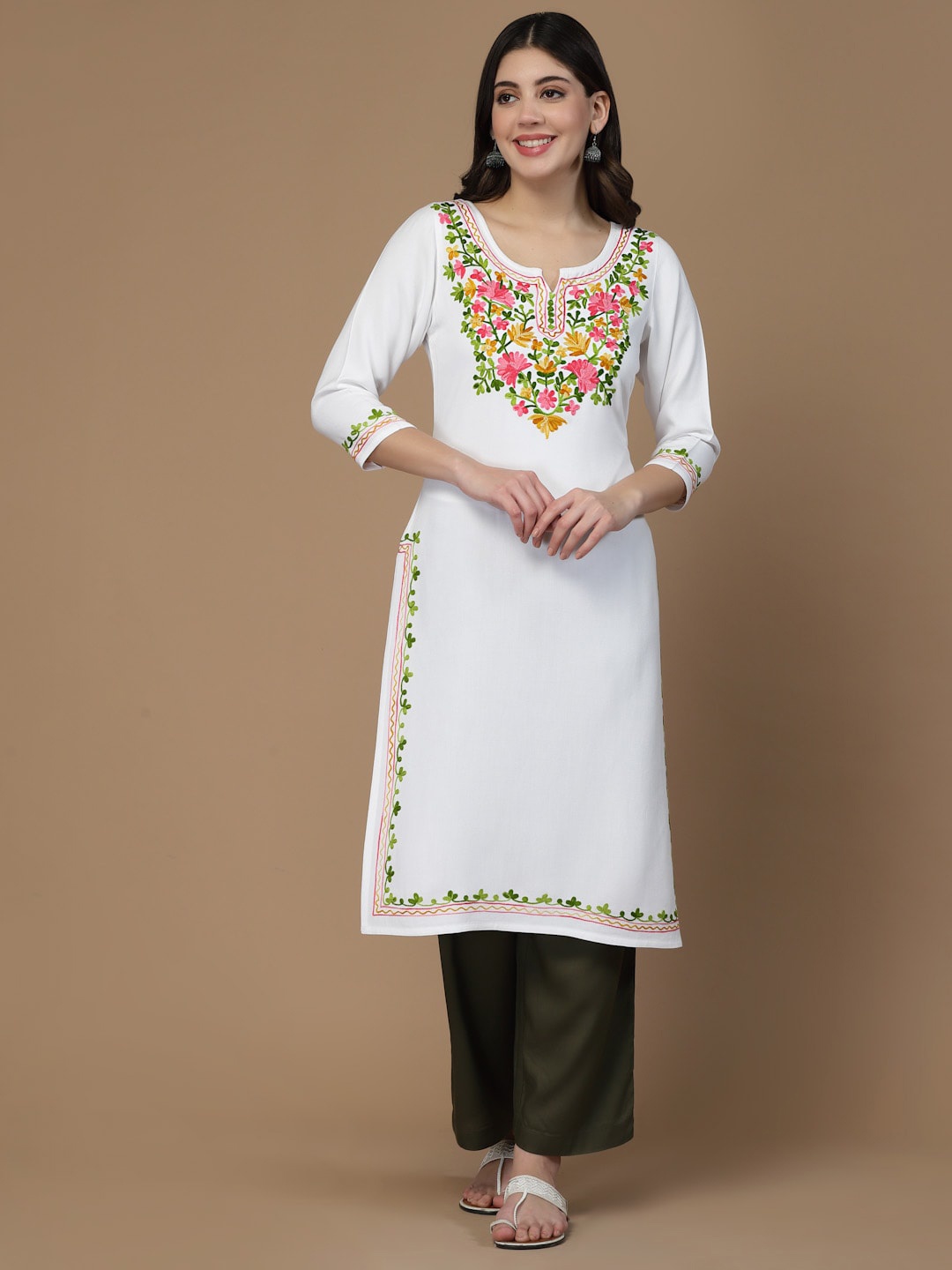 

QAZMI Kashmiri Aari Embroidered Straight Kurta, White