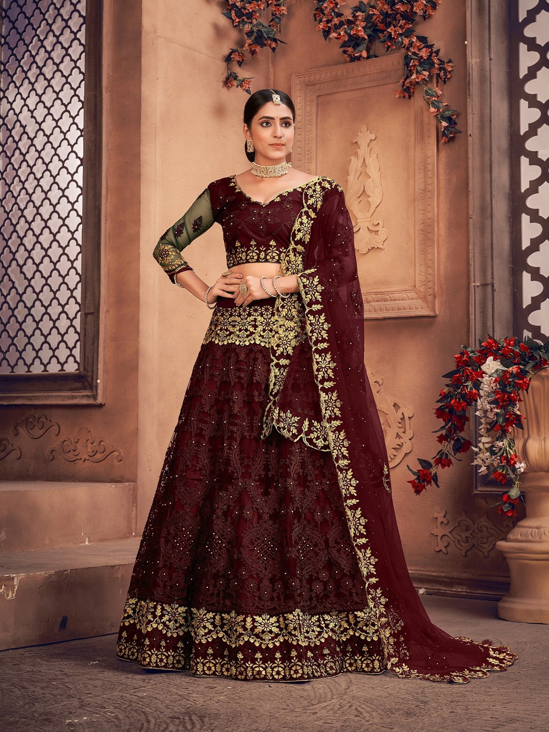 

Warthy Ent Embroidered Semi-Stitched Lehenga & Unstitched Blouse With Dupatta, Maroon