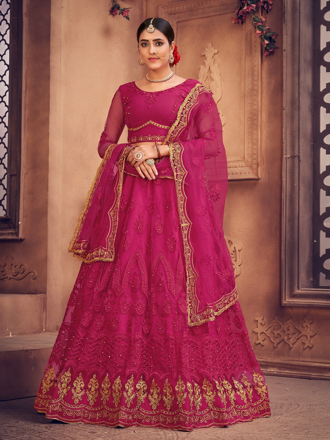 

Warthy Ent Embroidered Semi-Stitched Lehenga & Unstitched Blouse With Dupatta, Pink