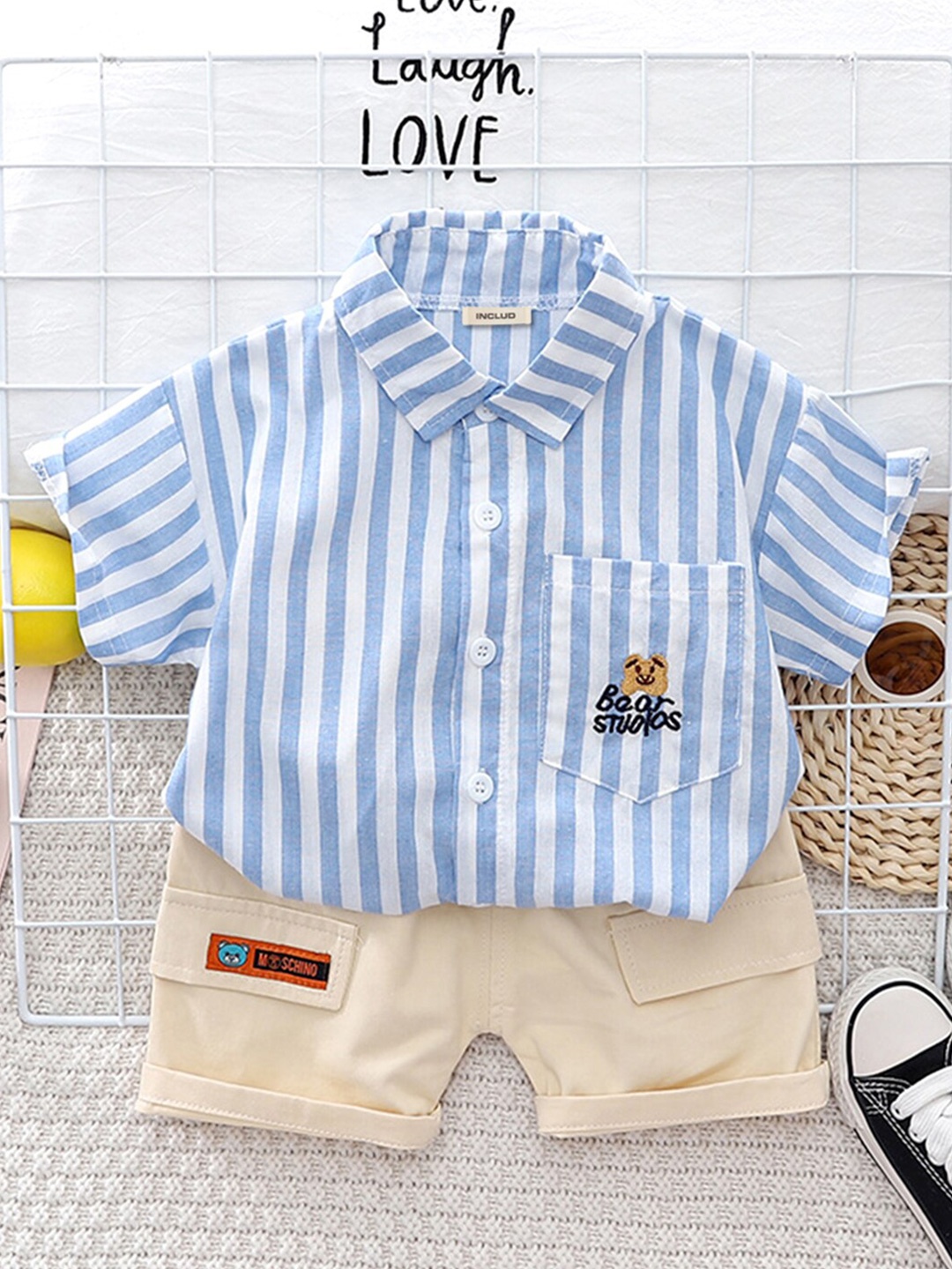 

INCLUD Boys Striped Shirt with Shorts, Blue