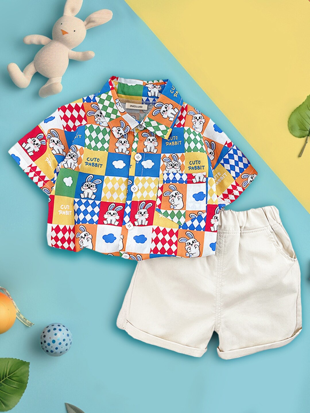 

INCLUD Boys Printed Shirt Collar Shirt with Shorts, Yellow