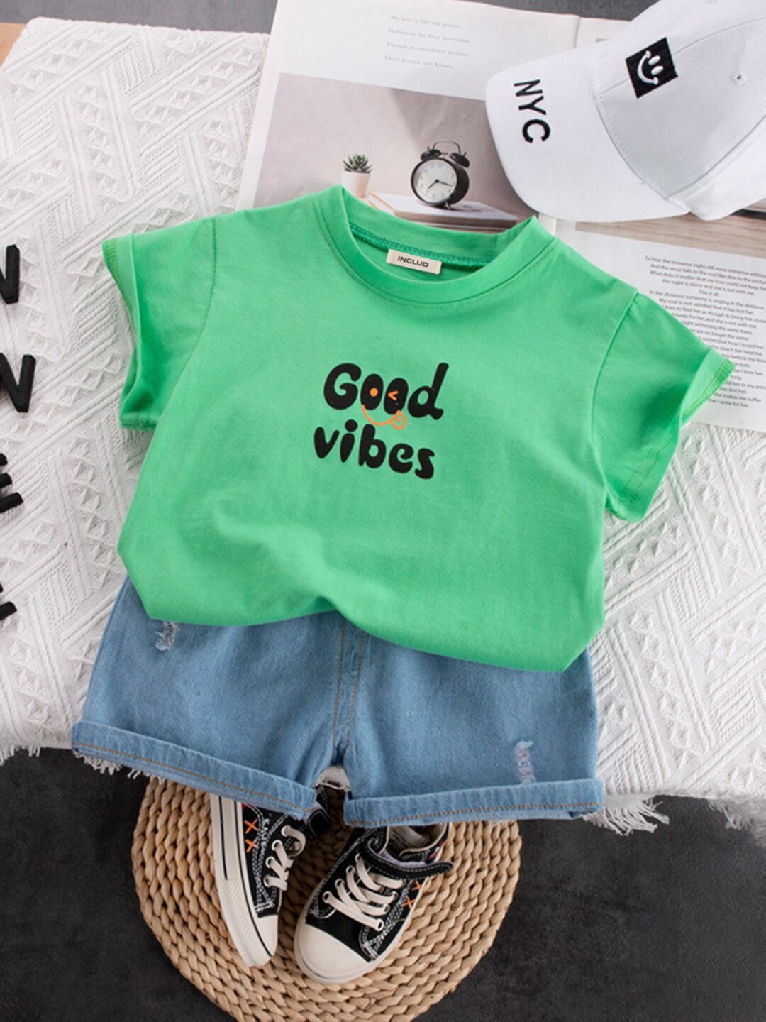 INCLUD Boys Typography Printed T-shirt With Shorts, Green