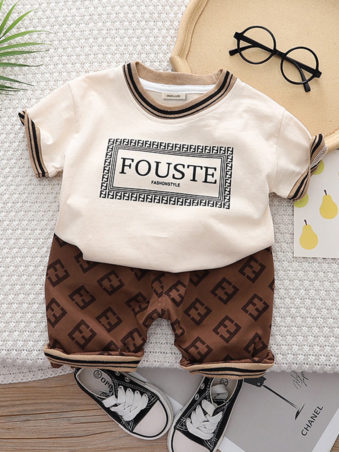

INCLUD Boys Printed Round Neck T-Shirt with Shorts, Beige
