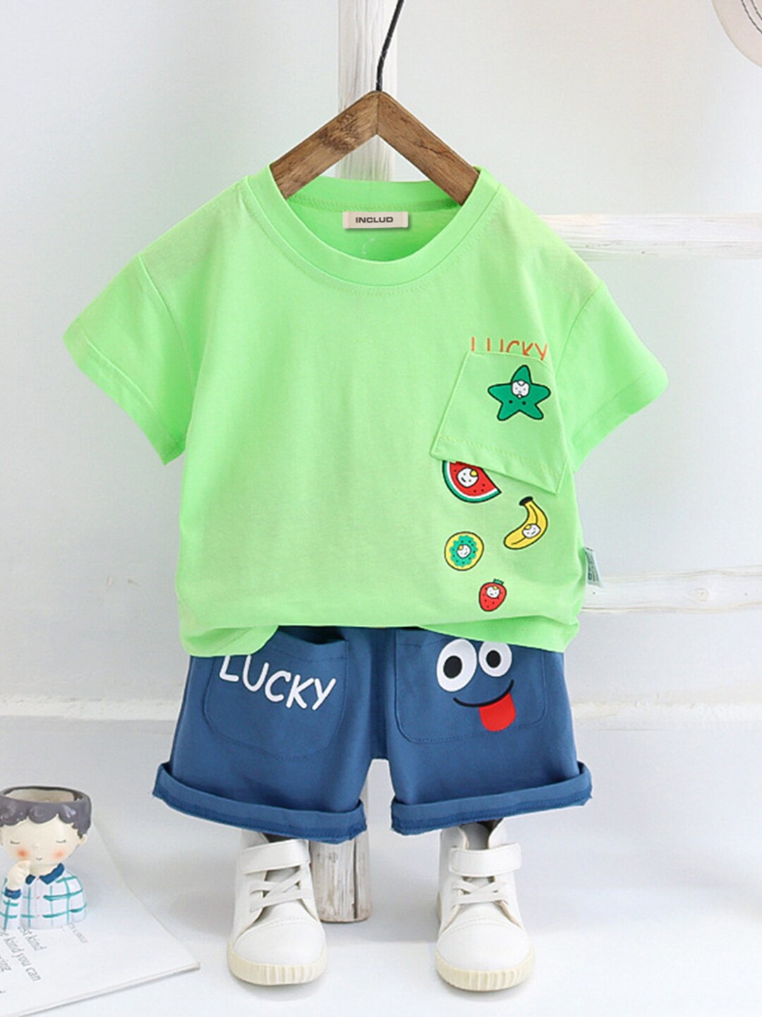 INCLUD Boys Conversational Printed T-shirt With Shorts, Green